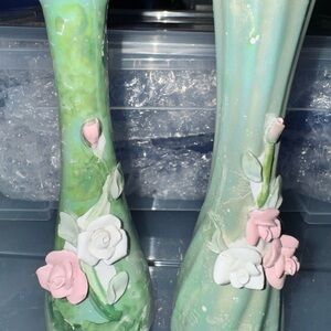 Vintage or antique Green and Blue Iridescent Floral Ceramic Vases